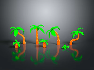 Green and orange palm trees of various sizes arranged on gray background with reflections 3d model