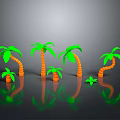Green and orange palm trees of various sizes arranged on gray background with reflections