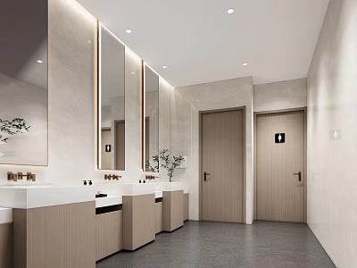 Clean Modern Public Restroom Interior With Sinks Mirrors Plants And Wooden Doors 3d model
