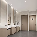 Clean Modern Public Restroom Interior With Sinks Mirrors Plants And Wooden Doors