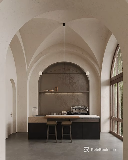 Charming Café Interior Featuring Beige Walls Arched Structure Bar Counter Coffee Machine And Natural Light 3d model 