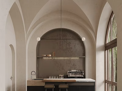 Charming Café Interior Featuring Beige Walls Arched Structure Bar Counter Coffee Machine And Natural Light 3d model