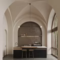 Charming Café Interior Featuring Beige Walls Arched Structure Bar Counter Coffee Machine And Natural Light