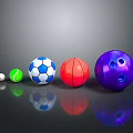 Various Colored Sports Balls Including Football Basketball And Hole Design On Grey Background With Reflections