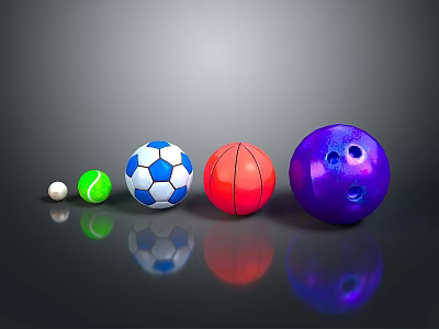 Various Colored Sports Balls Including Football Basketball And Hole Design On Grey Background With Reflections 3d model