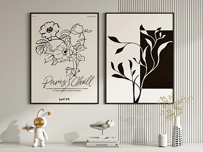 Black And White Decorative Paintings With Floral Patterns And Parisian Charm Text In Interior Decor 3d model
