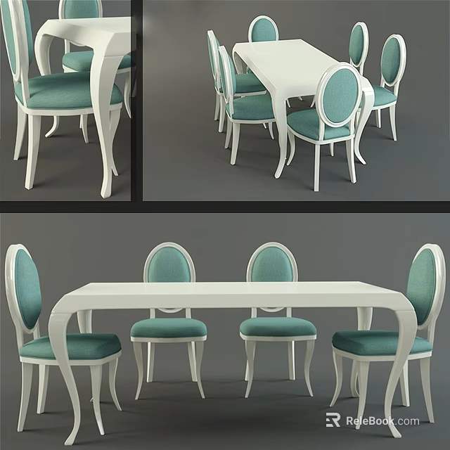 Modern White Dining Table Set With Green Upholstered Chairs And Curved Backrests 3d model 