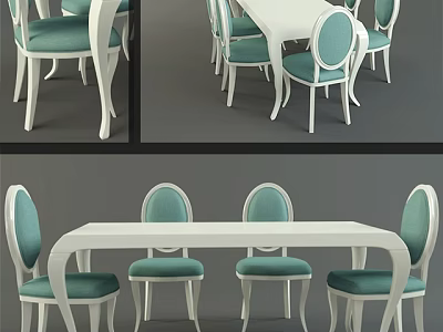 Modern White Dining Table Set With Green Upholstered Chairs And Curved Backrests 3d model