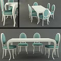 Modern White Dining Table Set With Green Upholstered Chairs And Curved Backrests