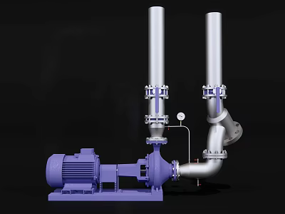 Industrial Pump Equipment With Purple Motor Silver Pipes Mechanical Flanges And Gauge 3d model