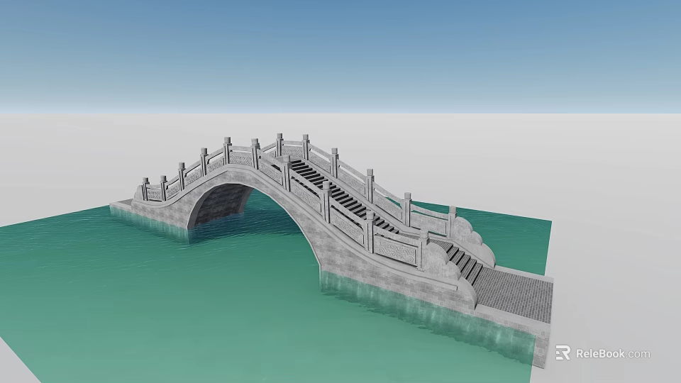 Traditional Stone Arch Bridge With Decorative Railings And Steps Over Calm Water 3d model 