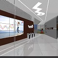 Contemporary Exhibition Hall Interior With Orange Walls White Floor Sofa And Digital Screens