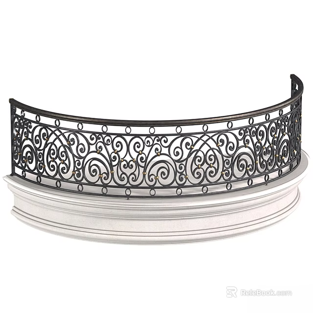 Curved Decorative Iron Railing With Intricate Scroll Patterns And White Base Structure 3d model