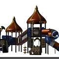 Colorful Kids Playground Structure With Orange Yellow Roofs Blue Slides And Staircase