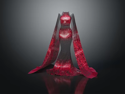 Red And Gray Evening Gown With Sequined Design Trailing Train And Glowing Details 3d model