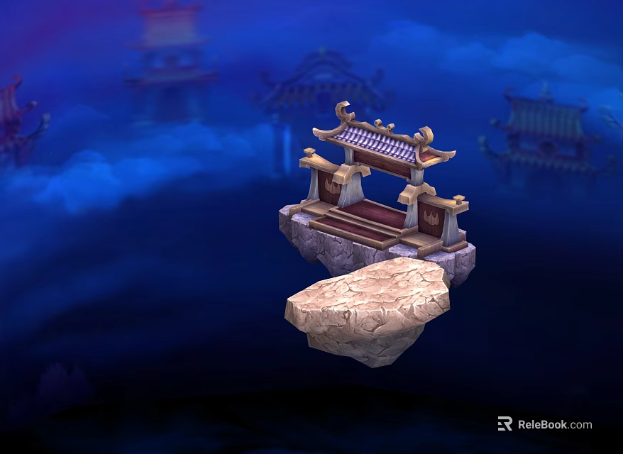Ancient Chinese Archway Floating in Blue Misty Clouds With Stone Pedestal and Traditional Roof Decorations 3d model 