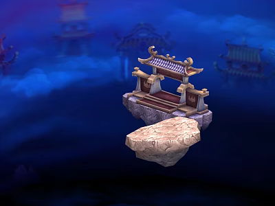 Ancient Chinese Archway Floating in Blue Misty Clouds With Stone Pedestal and Traditional Roof Decorations 3d model