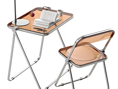 Transparent Leisure Chair with Metal Frame and Side Table Holding Book Cup Apple and Lamp 3d model