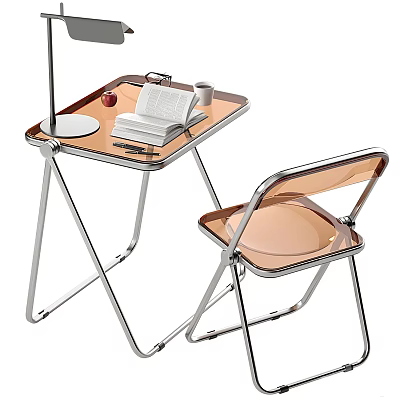 Transparent Leisure Chair with Metal Frame and Side Table Holding Book Cup Apple and Lamp 3d model