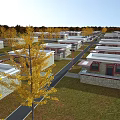 Aerial View Planning of Neatly Arranged Buildings with Surrounding Trees and Facility Layout