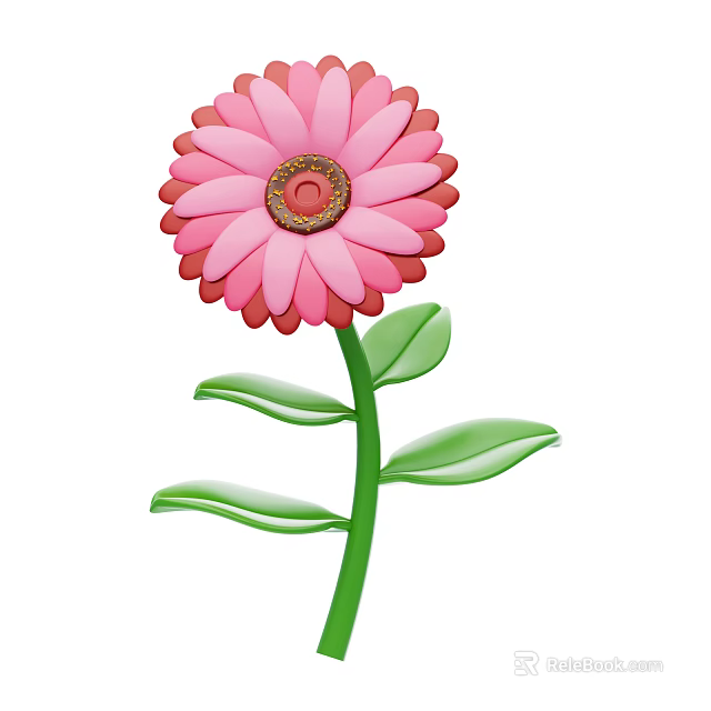 Vibrant Pink Flower Plant With Pink Petals Brown Center Green Stem And Leaves 3d model 