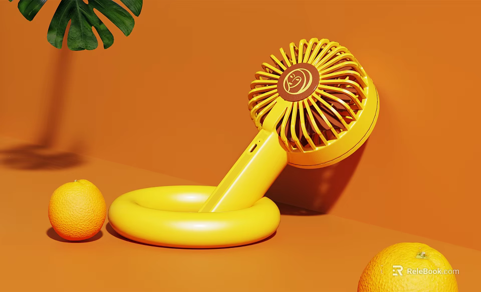 Yellow Portable Handheld Fan With Circular Base And Oranges On Orange Background 3d model 
