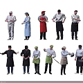 Group of Professional Chefs in Diverse Uniforms and Aprons Showing Various Cooking Poses