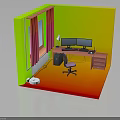 Home Office Interior With Green Yellow Walls Pink Curtains Dual Monitors And Orange Red Floor