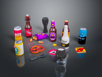 Assorted Drinks and Snacks Collection with Cans Bottles Pretzels Chips and Glassware 3d model