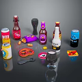 Assorted Drinks and Snacks Collection with Cans Bottles Pretzels Chips and Glassware