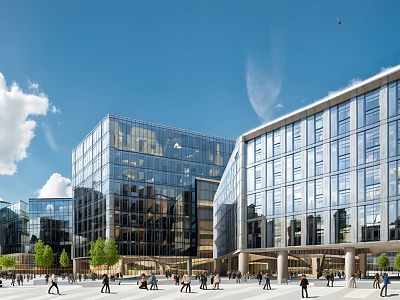 Modern Office Building With Glass Facade Urban Square Pedestrians And Blue Sky 3d model