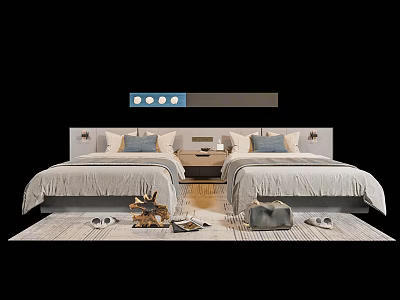 Cozy Single Beds Bedroom Interior With Bedside Tables Lamps Soft Pillows And Plush Rug 3d model
