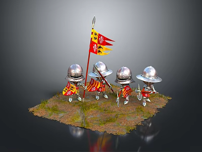 Armored Toy Soldiers With Shields Weapons And Red Yellow Flag On Grassy Ground 3d model