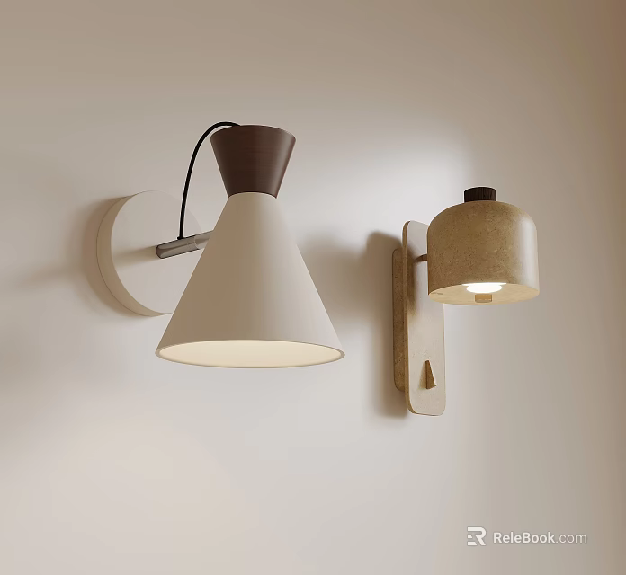 Modern Minimalist Wall Lamps With White Cone Shade And Cylindrical Light Fixture 3d model 