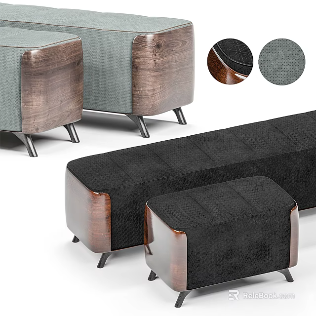 Modern Sofa Bench With Black Fabric Cushion Wooden Legs And Matching Footstool 3d model 