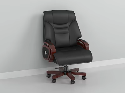 Black Leather Office Chair With Wooden Armrests And Five Star Caster Base 3d model