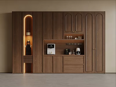 Elegant Walnut Wood Wine Cabinet With Display Shelves Drawers And Built in Lighting 3d model