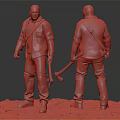Man In Plaid Shirt And Jeans Standing With Axe On Muddy Ground Front Back View 3d model