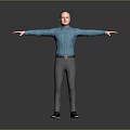 Man In Blue Striped Shirt Standing With Arms Outstretched Against Gray Background