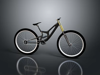 Black Mountain Bike with Large Wheels Yellow Fork and Black Frame on Gray Reflective Surface 3d model