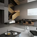 Modern Leisure Area Interior With Gray Walls Stairs Black Table White Chairs And Projection Screen