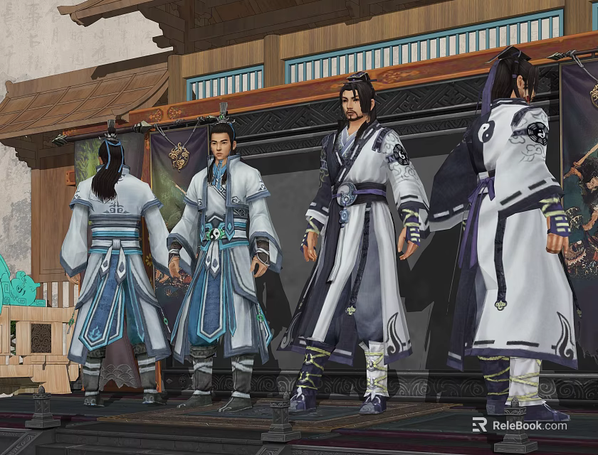Ancient Costume Male Game Characters Standing With Traditional Building Background And Decorative Robes 3d model 
