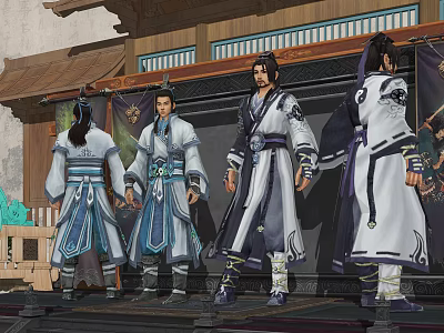 Ancient Costume Male Game Characters Standing With Traditional Building Background And Decorative Robes 3d model