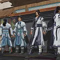 Ancient Costume Male Game Characters Standing With Traditional Building Background And Decorative Robes