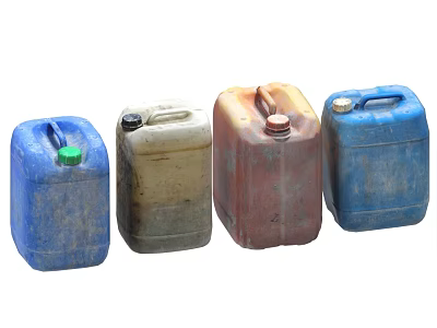 Old Plastic Jerry Cans In Different Colors Arranged In A Row 3d model