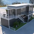 Modern Two Story Container House With White Railings Staircase Terrace And Plants