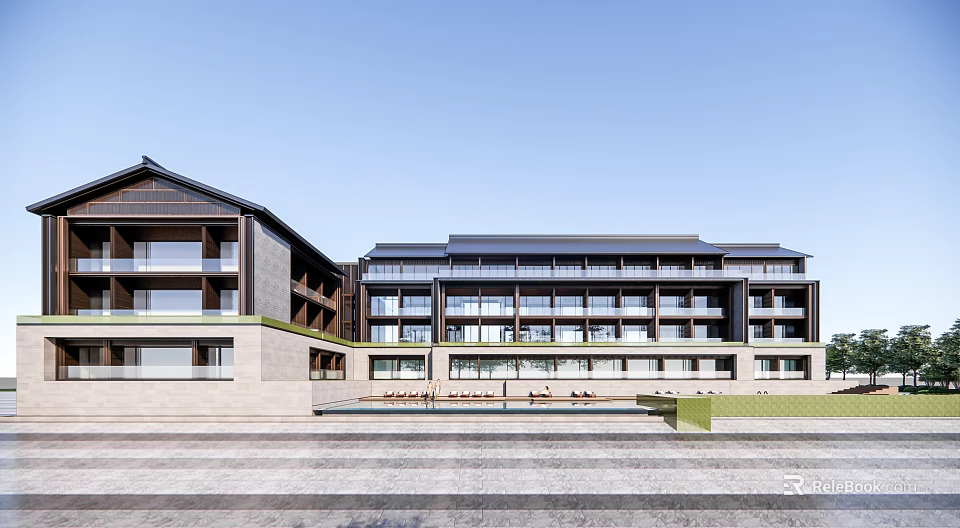 Traditional Modern Hotel Building With Multiple Floors Large Glass Windows And Outdoor Courtyard 3d model 