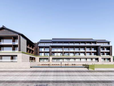 Traditional Modern Hotel Building With Multiple Floors Large Glass Windows And Outdoor Courtyard 3d model