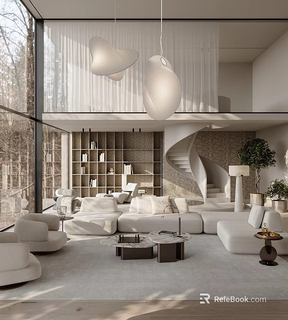 Modern Duplex Living Room Interior With Spiral Staircase Large Windows And White Sofas 3d model 