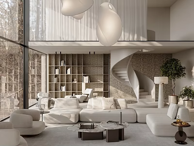 Modern Duplex Living Room Interior With Spiral Staircase Large Windows And White Sofas 3d model